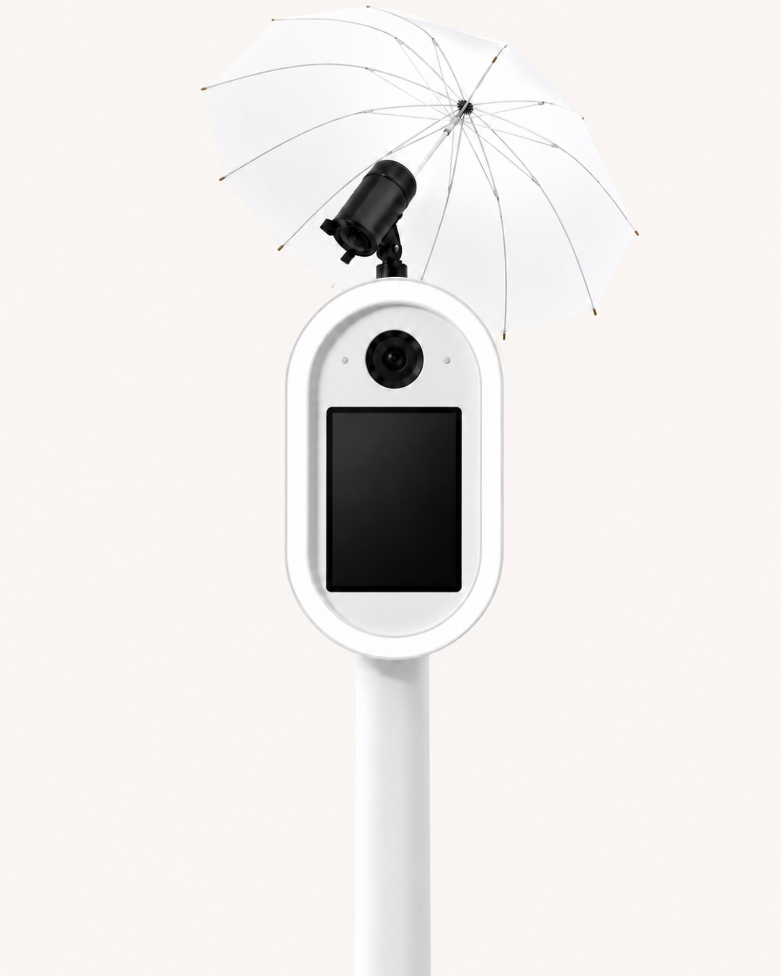 White Classic photo booth with a camera, touchscreen and umbrella light