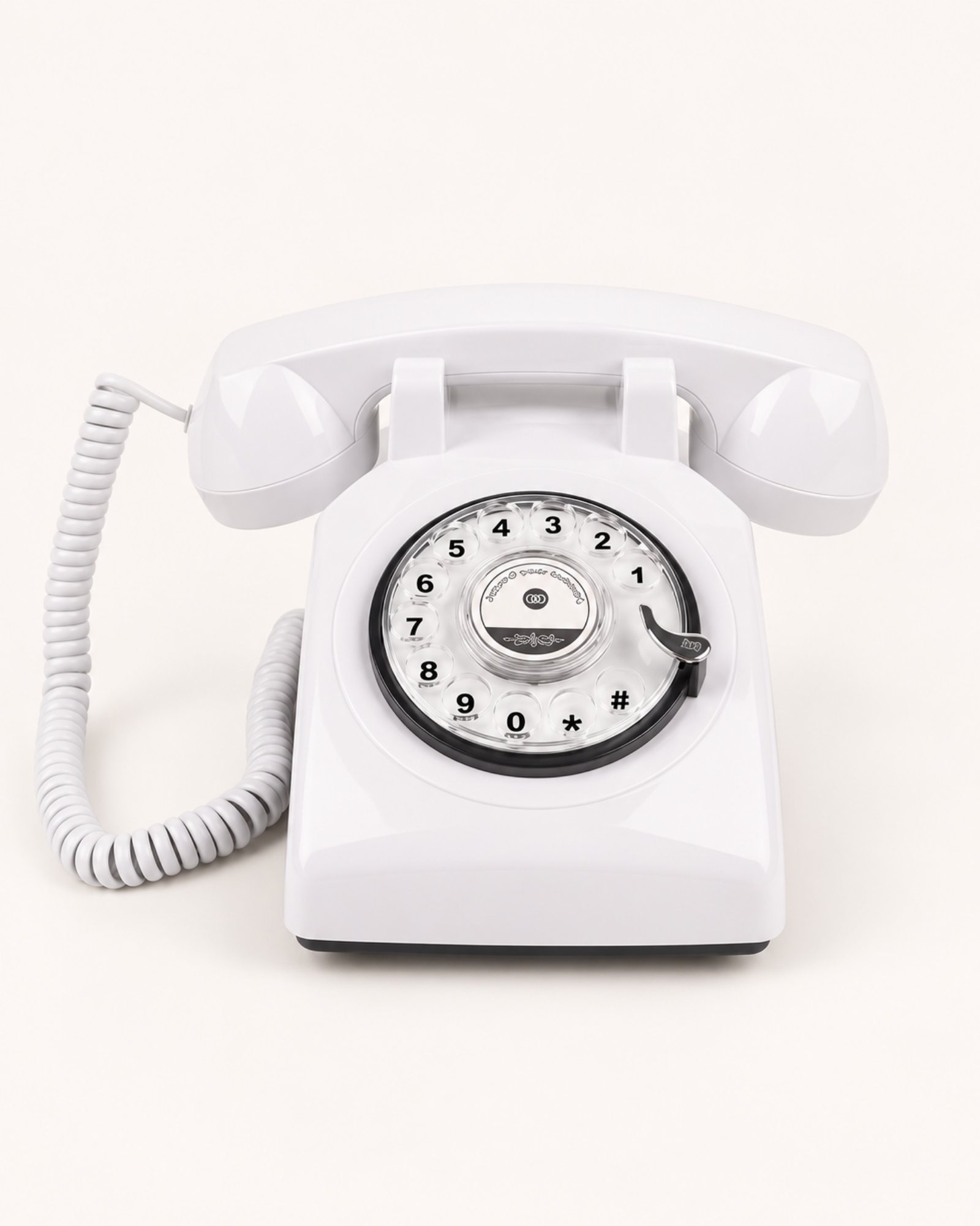 White rotary-style audio guestbook phone on a cream background