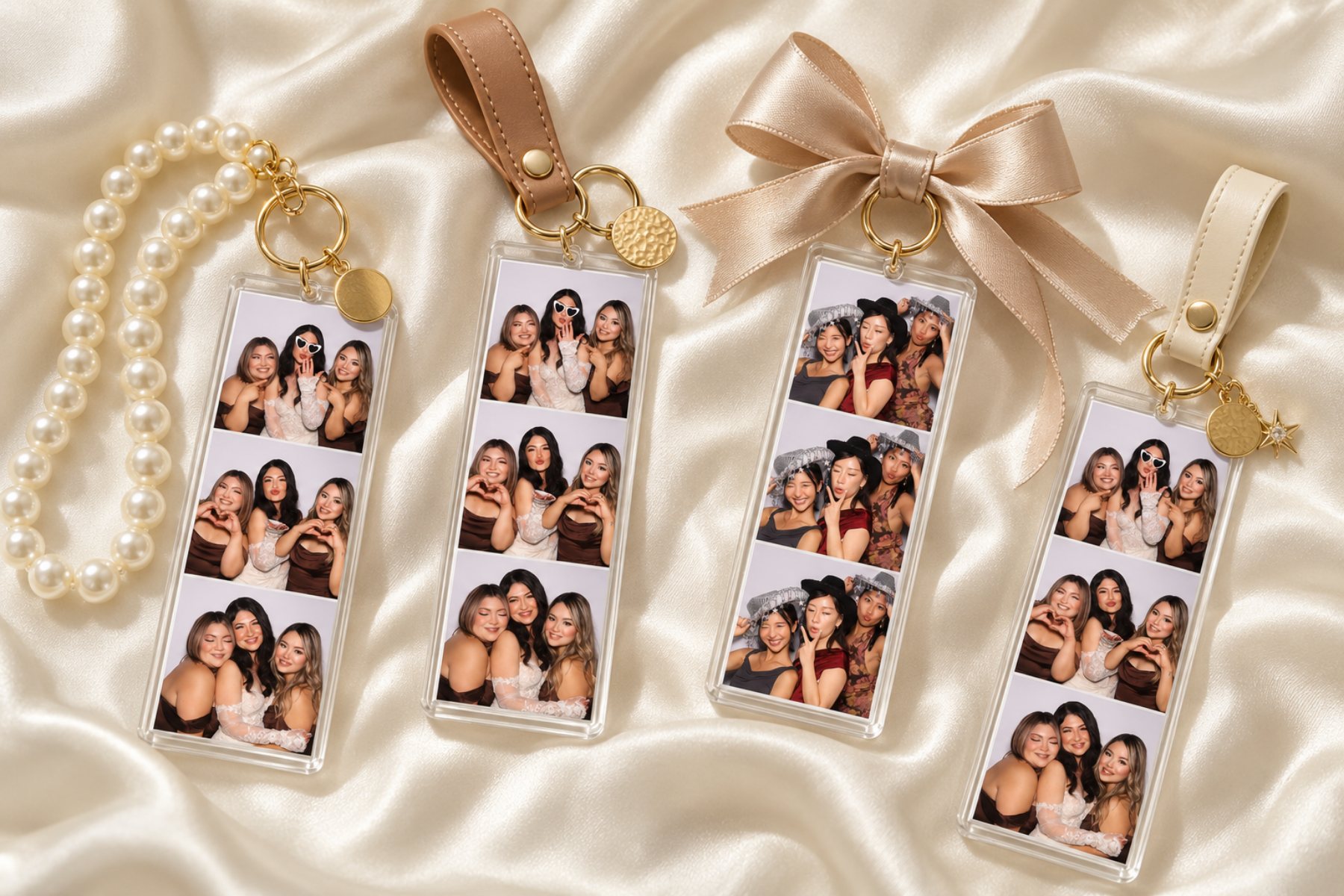 Photo strip keychains with pearl, ribbon and wristlet accessories on cream fabric