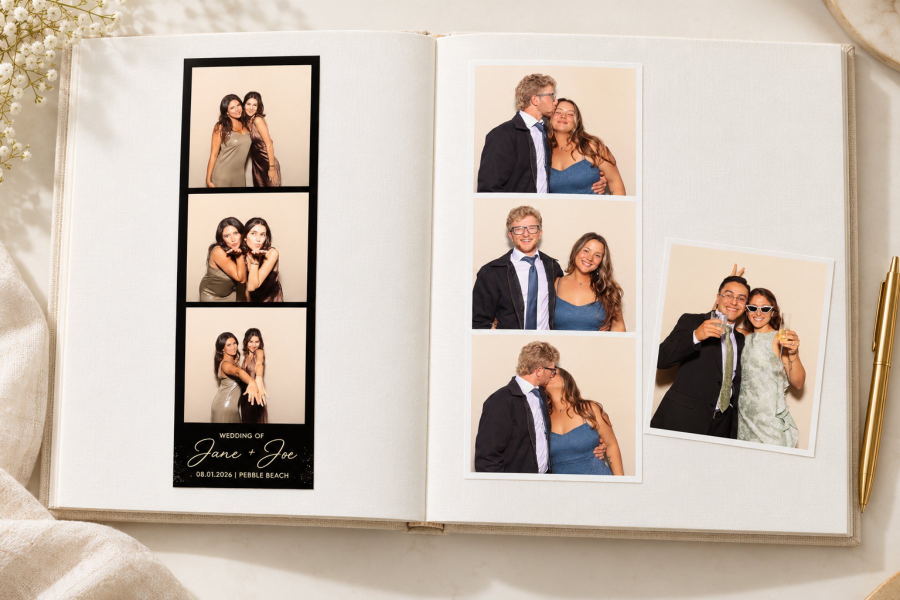 Open photo scrapbook displaying personalized photo strips and prints