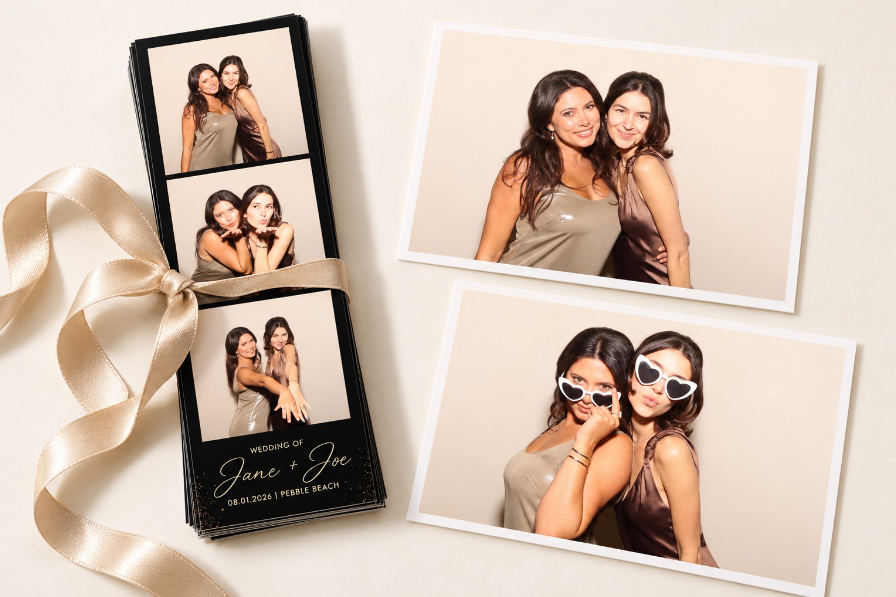 Personalized photo strip and two photo prints on cream fabric